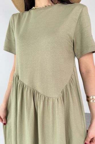 ELB-01763 Haki  Bel Pile Detaylı KIsa Kol Midi Boy Elbise - 7