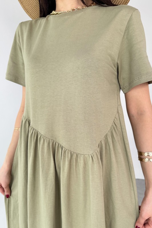 ELB-01763 Haki  Bel Pile Detaylı KIsa Kol Midi Boy Elbise - 7