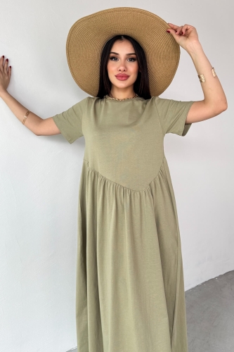 ELB-01763 Haki  Bel Pile Detaylı KIsa Kol Midi Boy Elbise - 8