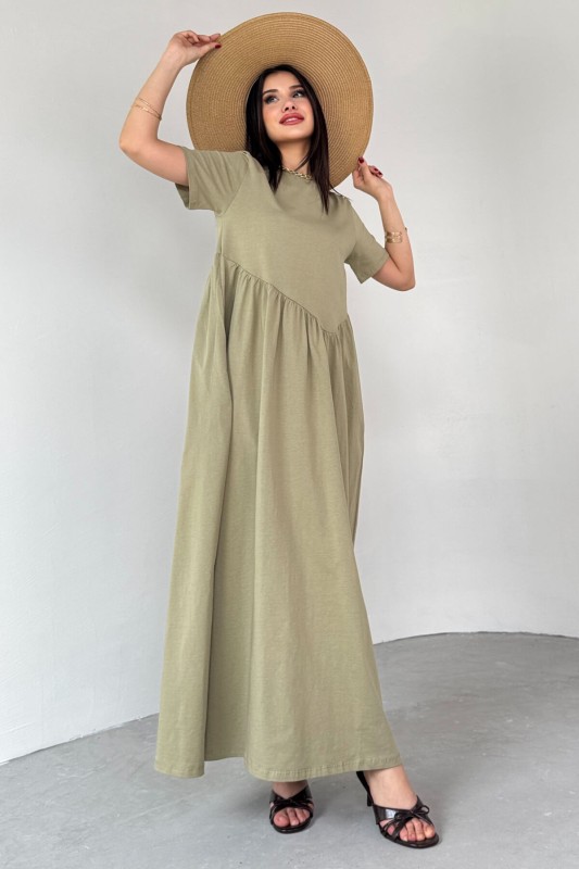 ELB-01763 Haki  Bel Pile Detaylı KIsa Kol Midi Boy Elbise - 1