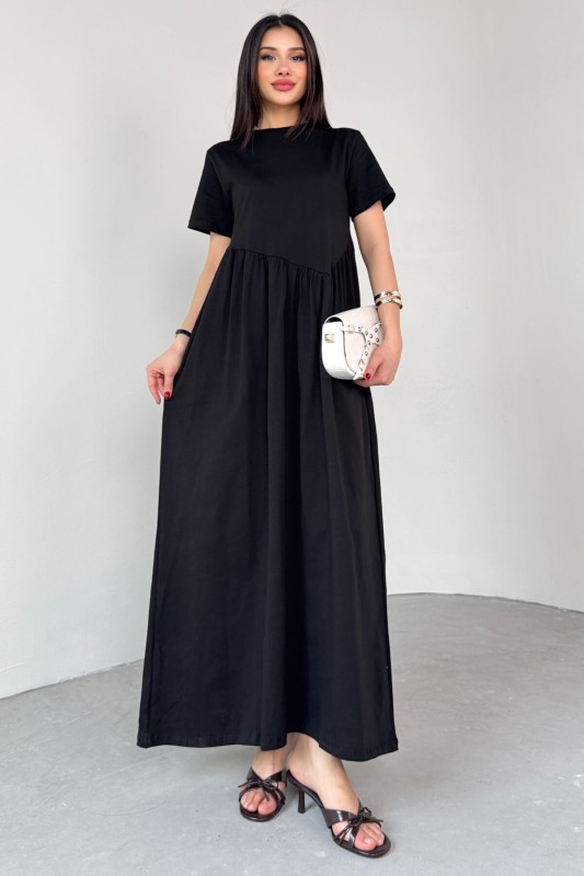 ELB-01763 Siyah Bel Pile Detaylı KIsa Kol Midi Boy Elbise - 1