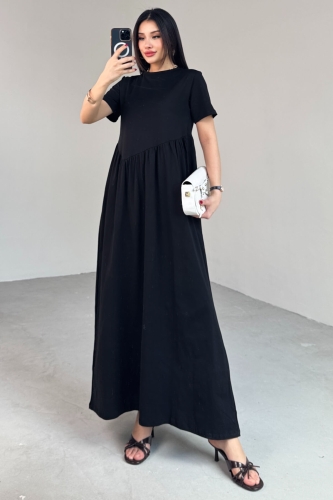 ELB-01763 Siyah Bel Pile Detaylı KIsa Kol Midi Boy Elbise - 3