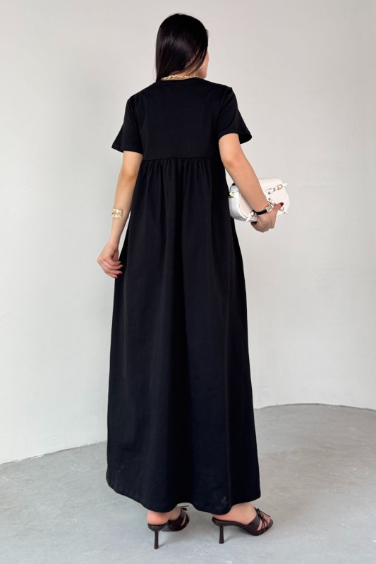 ELB-01763 Siyah Bel Pile Detaylı KIsa Kol Midi Boy Elbise - 4