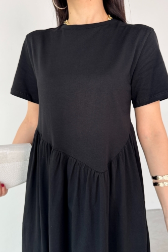 ELB-01763 Siyah Bel Pile Detaylı KIsa Kol Midi Boy Elbise - 5