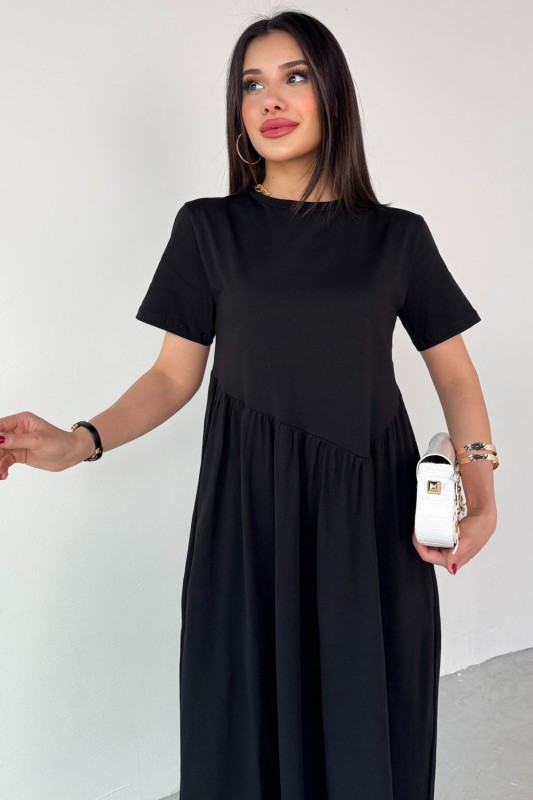 ELB-01763 Siyah Bel Pile Detaylı KIsa Kol Midi Boy Elbise - 6