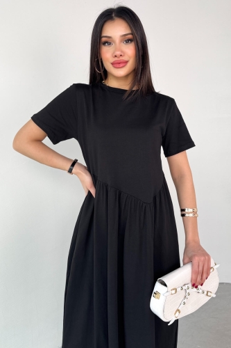ELB-01763 Siyah Bel Pile Detaylı KIsa Kol Midi Boy Elbise - 2