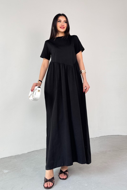 ELB-01763 Siyah Bel Pile Detaylı KIsa Kol Midi Boy Elbise - 7