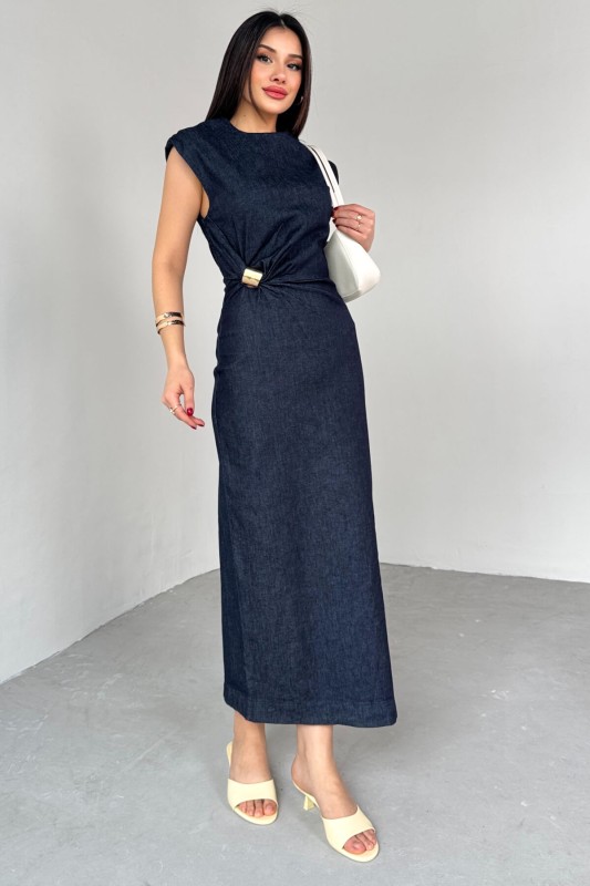 ELB-01764 Lacivert Gold Toka Detaylı Kot Elbise - 3