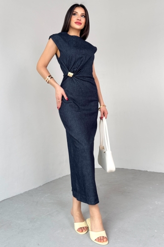 ELB-01764 Lacivert Gold Toka Detaylı Kot Elbise - 5