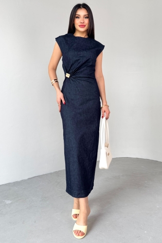 ELB-01764 Lacivert Gold Toka Detaylı Kot Elbise - 1