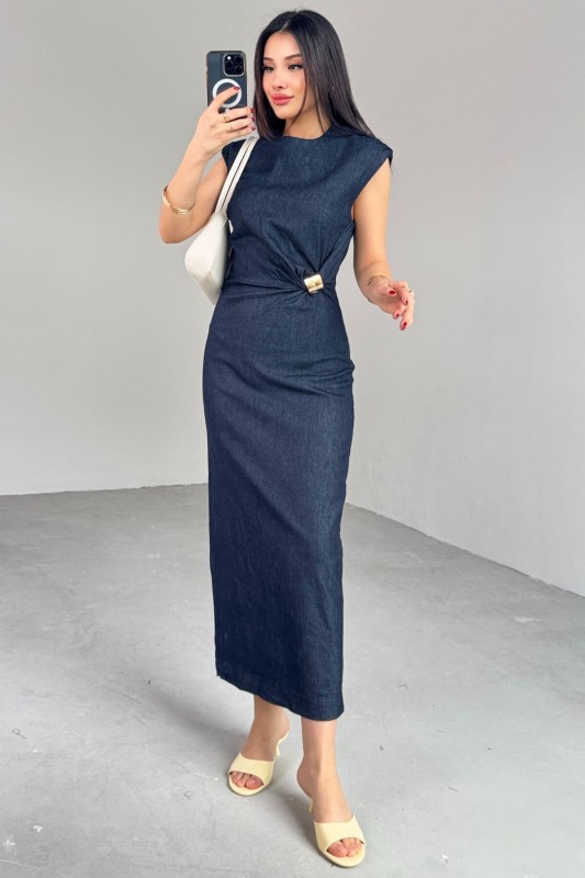 ELB-01764 Lacivert Gold Toka Detaylı Kot Elbise - 4