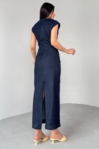 ELB-01764 Lacivert Gold Toka Detaylı Kot Elbise - 6