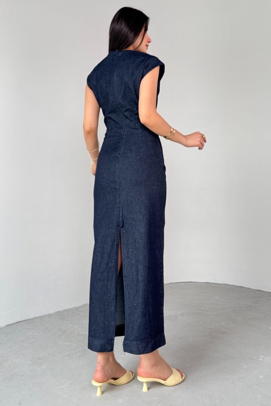 ELB-01764 Lacivert Gold Toka Detaylı Kot Elbise - 6