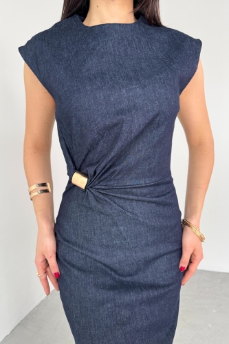 ELB-01764 Lacivert Gold Toka Detaylı Kot Elbise - 7