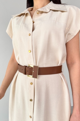 ELB-01766 Taş Rengi Gold Düğme Taba Kemerli Viscon Kumaş Uzun Elbise - 2