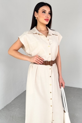 ELB-01766 Taş Rengi Gold Düğme Taba Kemerli Viscon Kumaş Uzun Elbise - 3