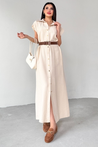 ELB-01766 Taş Rengi Gold Düğme Taba Kemerli Viscon Kumaş Uzun Elbise - 1