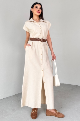 ELB-01766 Taş Rengi Gold Düğme Taba Kemerli Viscon Kumaş Uzun Elbise - 4