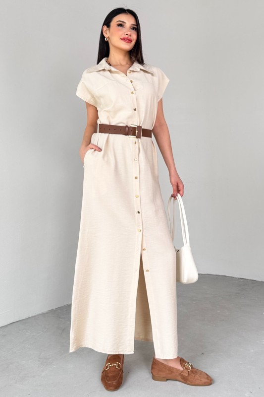 ELB-01766 Taş Rengi Gold Düğme Taba Kemerli Viscon Kumaş Uzun Elbise - 4