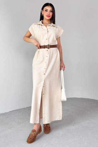 ELB-01766 Taş Rengi Gold Düğme Taba Kemerli Viscon Kumaş Uzun Elbise - 5