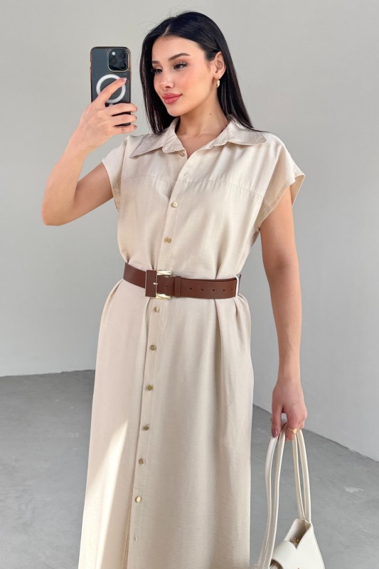 ELB-01766 Taş Rengi Gold Düğme Taba Kemerli Viscon Kumaş Uzun Elbise - 6