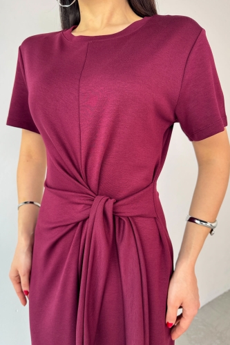ELB-01771 Bordo Belden Bağlamalı Kısa Kol Uzun Elbise - 4