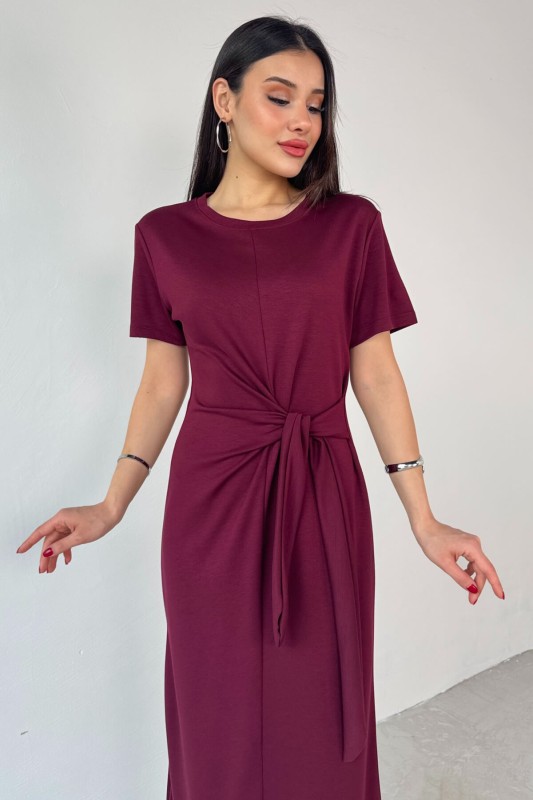 ELB-01771 Bordo Belden Bağlamalı Kısa Kol Uzun Elbise - 2