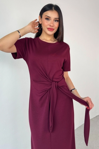 ELB-01771 Bordo Belden Bağlamalı Kısa Kol Uzun Elbise - 5