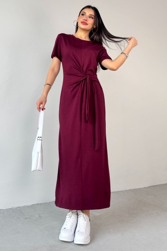 ELB-01771 Bordo Belden Bağlamalı Kısa Kol Uzun Elbise - 6