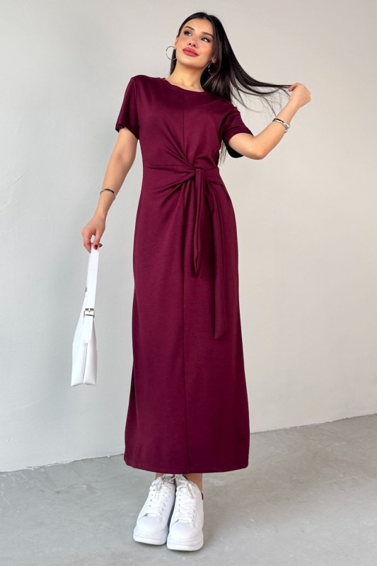 ELB-01771 Bordo Belden Bağlamalı Kısa Kol Uzun Elbise - 6