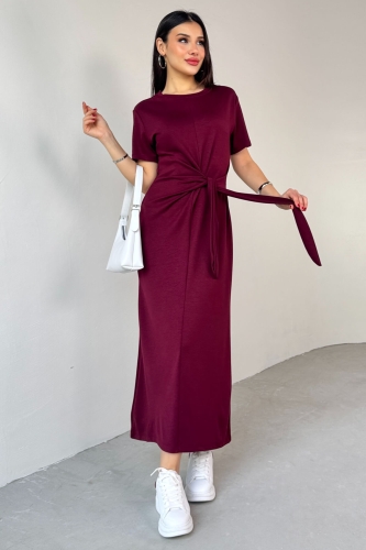 ELB-01771 Bordo Belden Bağlamalı Kısa Kol Uzun Elbise - 3