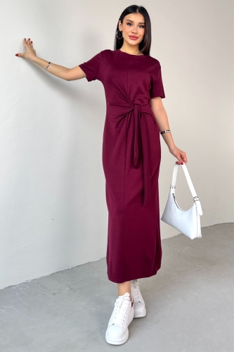 ELB-01771 Bordo Belden Bağlamalı Kısa Kol Uzun Elbise - 7