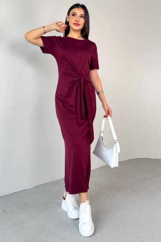 ELB-01771 Bordo Belden Bağlamalı Kısa Kol Uzun Elbise - 1