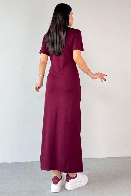 ELB-01771 Bordo Belden Bağlamalı Kısa Kol Uzun Elbise - 8