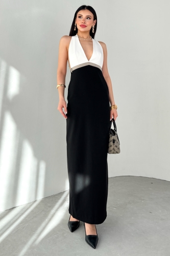 ELB-01775 Siyah Beyaz Boyun Bağlamalı Sırt Dekolteli Elbise 