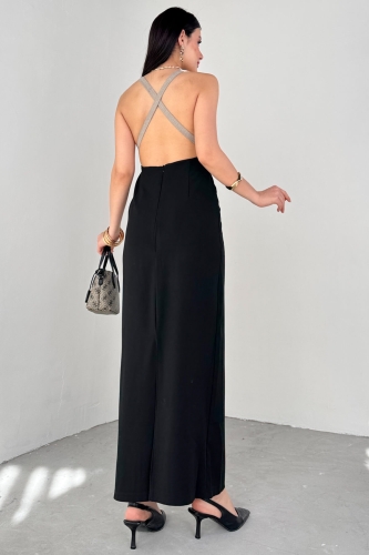 ELB-01775 Siyah Beyaz Boyun Bağlamalı Sırt Dekolteli Elbise  (1)