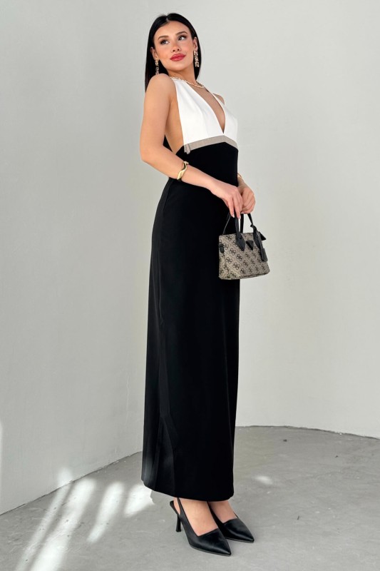 ELB-01775 Siyah Beyaz Boyun Bağlamalı Sırt Dekolteli Elbise  - 6