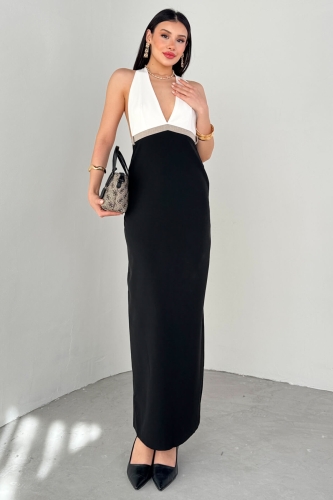 ELB-01775 Siyah Beyaz Boyun Bağlamalı Sırt Dekolteli Elbise  - 8