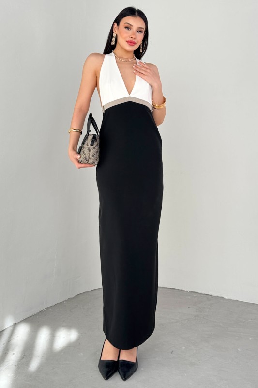 ELB-01775 Siyah Beyaz Boyun Bağlamalı Sırt Dekolteli Elbise  - 8