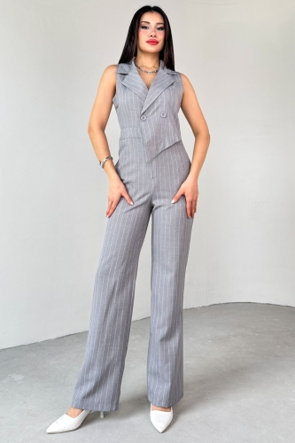 ELB-01778 Gri Klapa Yaka Asimetrik Kesim Sıfır Kol Tulum - 3