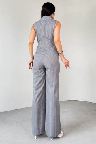 ELB-01778 Gri Klapa Yaka Asimetrik Kesim Sıfır Kol Tulum - 4