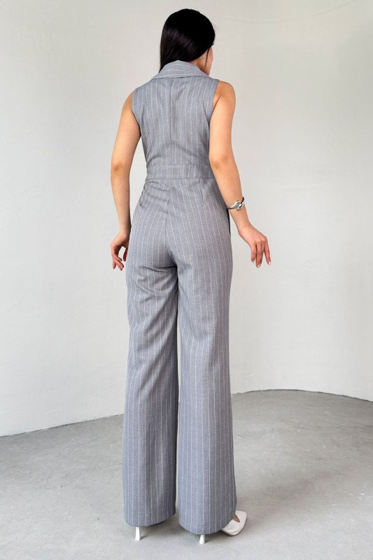 ELB-01778 Gri Klapa Yaka Asimetrik Kesim Sıfır Kol Tulum - 4