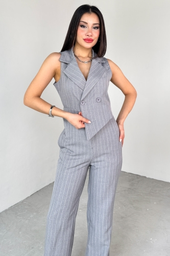 ELB-01778 Gri Klapa Yaka Asimetrik Kesim Sıfır Kol Tulum - 6