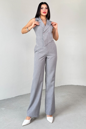 ELB-01778 Gri Klapa Yaka Asimetrik Kesim Sıfır Kol Tulum - 1