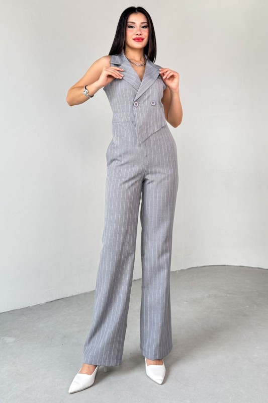 ELB-01778 Gri Klapa Yaka Asimetrik Kesim Sıfır Kol Tulum - 1