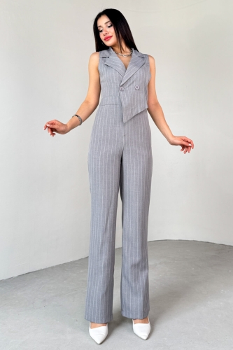 ELB-01778 Gri Klapa Yaka Asimetrik Kesim Sıfır Kol Tulum - 7