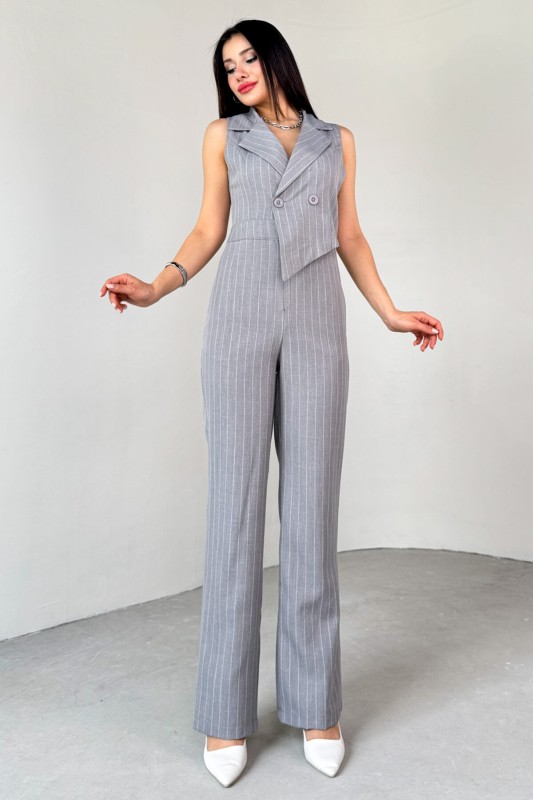 ELB-01778 Gri Klapa Yaka Asimetrik Kesim Sıfır Kol Tulum - 7