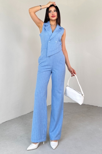 ELB-01778 Mavi Klapa Yaka Asimetrik Kesim Sıfır Kol Tulum - 4