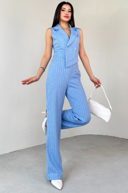 ELB-01778 Mavi Klapa Yaka Asimetrik Kesim Sıfır Kol Tulum - 5