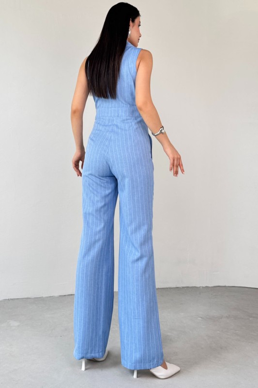 ELB-01778 Mavi Klapa Yaka Asimetrik Kesim Sıfır Kol Tulum - 7